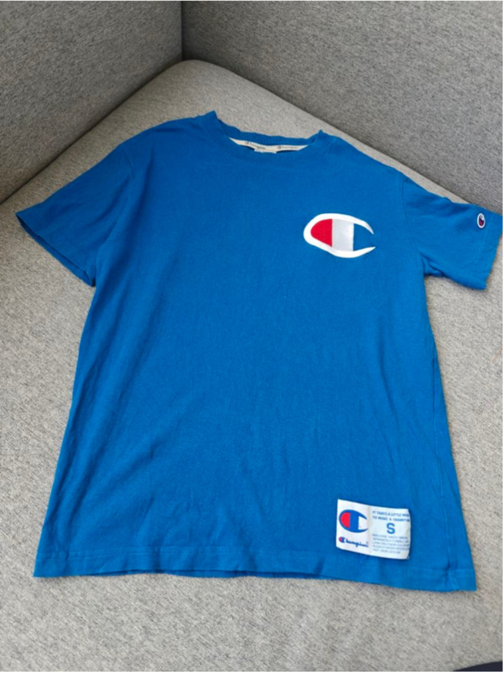 Men's Champion Blue Short Sleeve Tee with White Logo, Size S